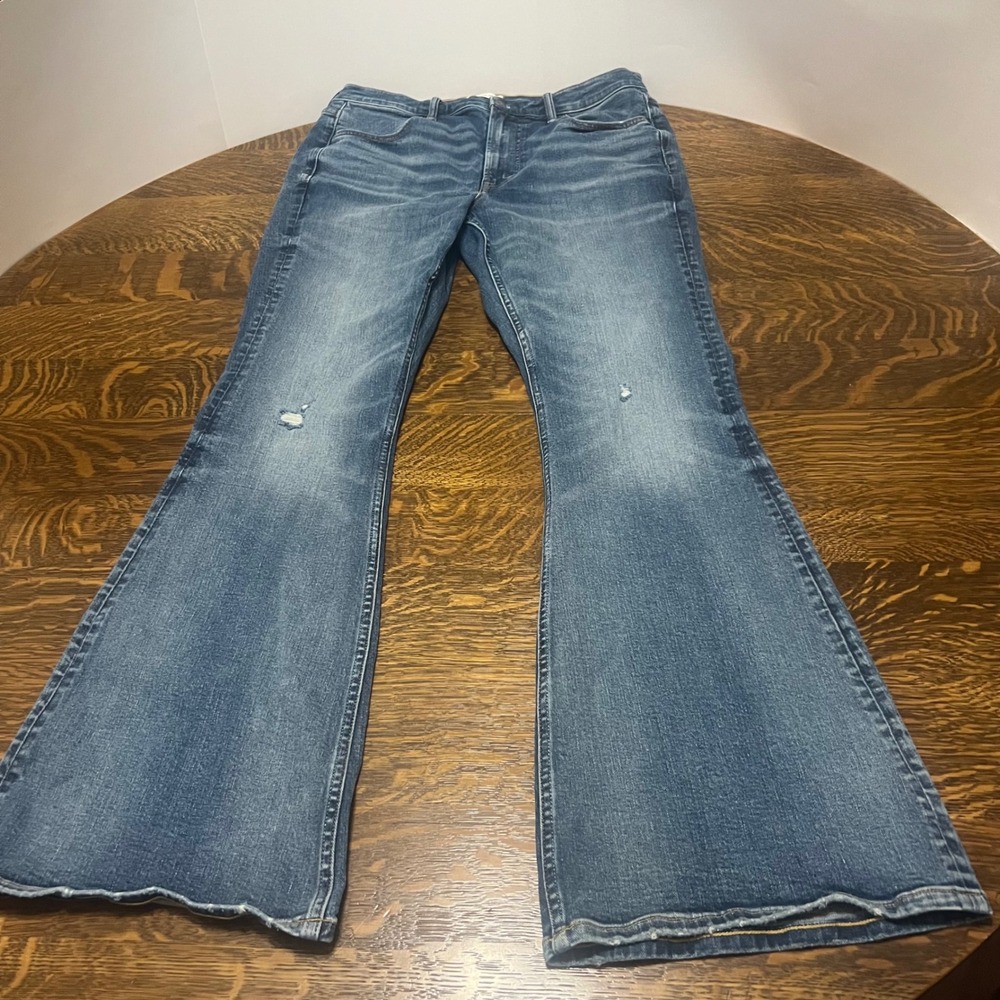 American Eagle AE77 High-Rise Flare Jeans Women Size 12 Blue Distressed